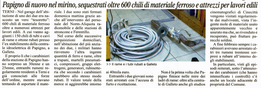 I Carabinieri pongono fine allo strazio delle asportazioni alla centrale di Papigno