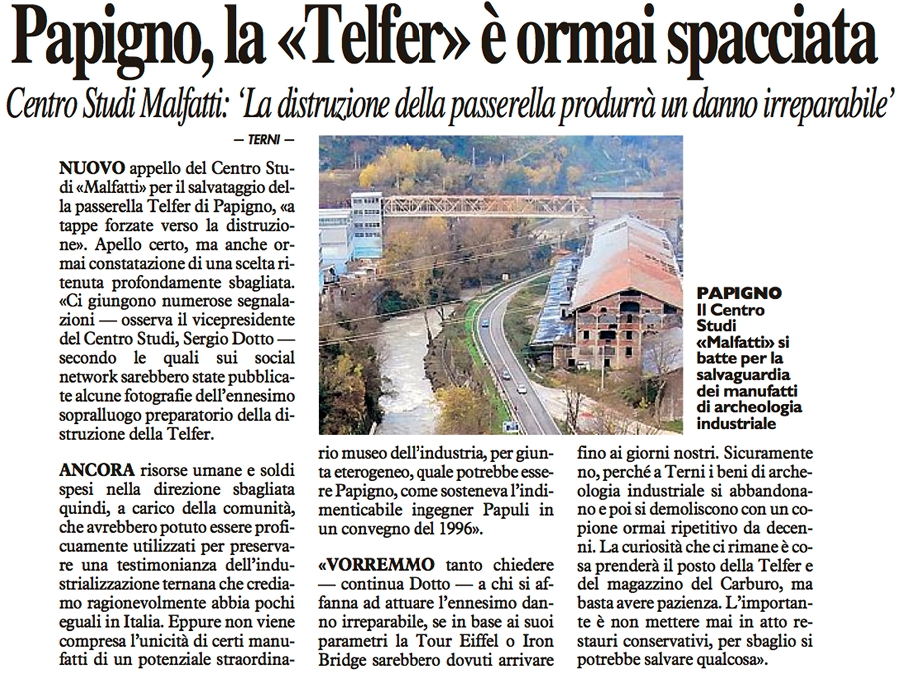 "Papigno, la Telfer è ormai spacciata", La Nazione 19-04-2014. "Papigno, la Telfer è ormai spacciata", La Nazione 19-04-2014.
