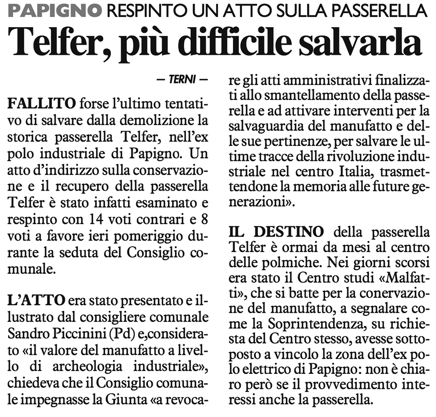 Il Consiglio comunale di Terni respinge l’atto di indirizzo per salvare la Telfer
