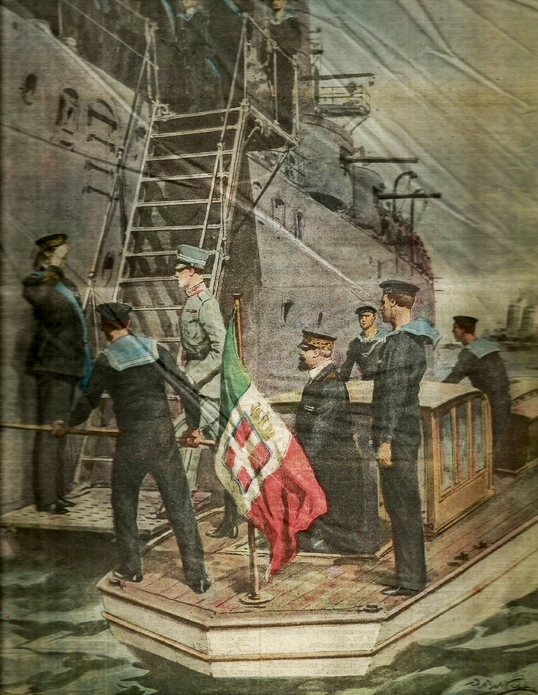 Il Principe ereditario Umberto sale a bordo della San Giorgio per il viaggio in sud America, 1924. Illustrazione di A. Beltrame